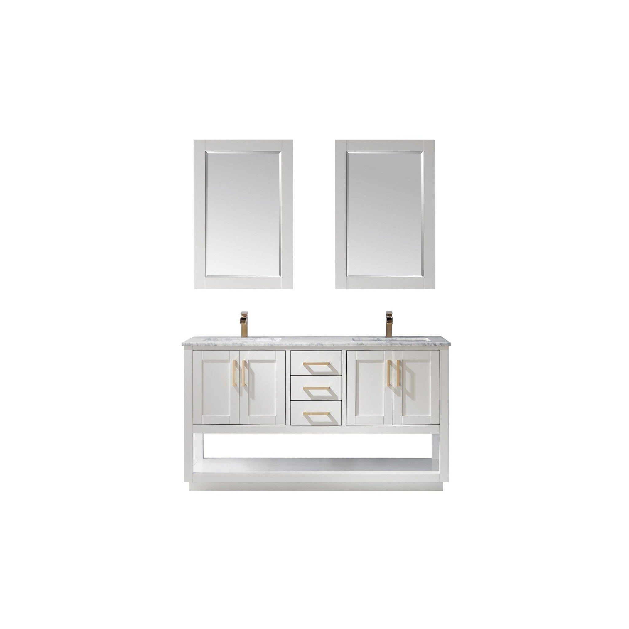 Remi 60" Double Bathroom Vanity Set in White and Carrara White Marble Countertop with Mirror