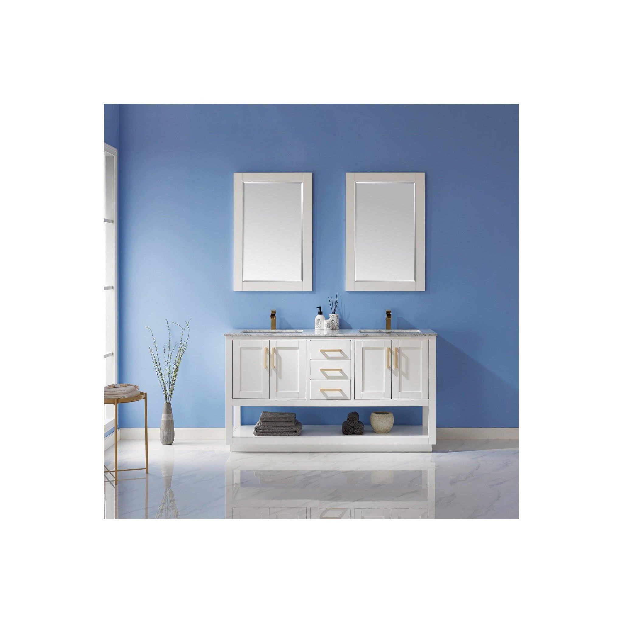 Remi 60" Double Bathroom Vanity Set in White and Carrara White Marble Countertop with Mirror