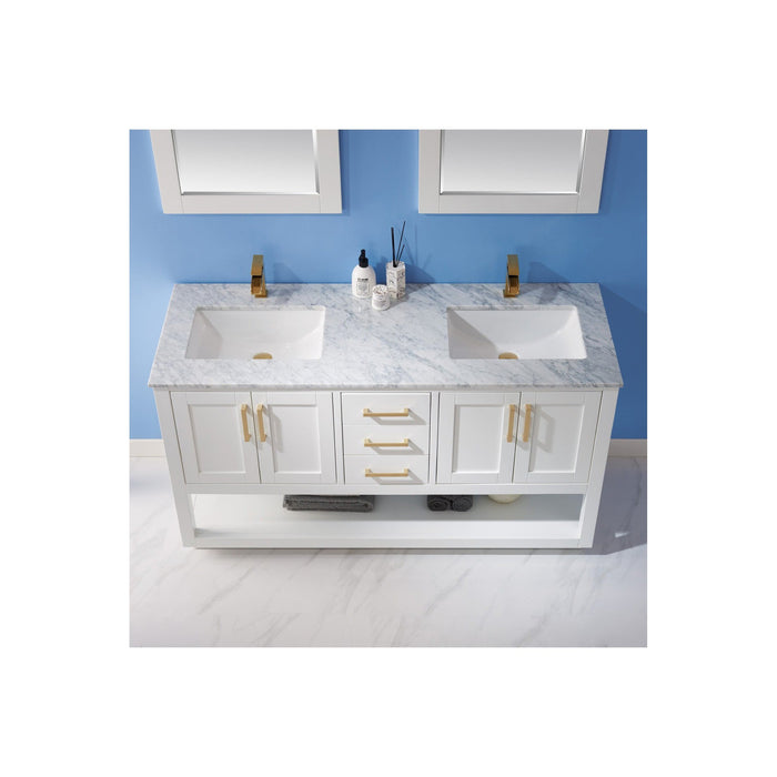 Remi 60" Double Bathroom Vanity Set in White and Carrara White Marble Countertop with Mirror
