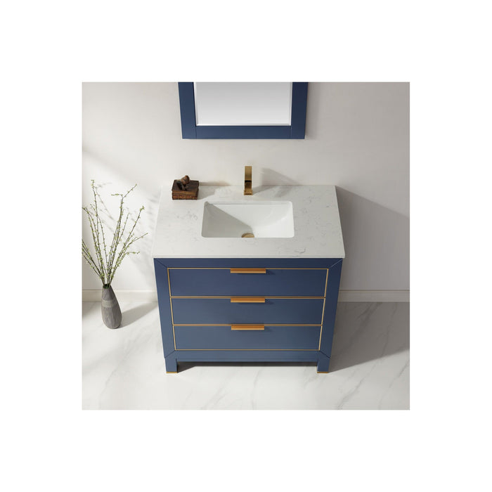 Jackson 36" Single Bathroom Vanity Set in Royal Blue and Composite Carrara White Stone Countertop with Mirror