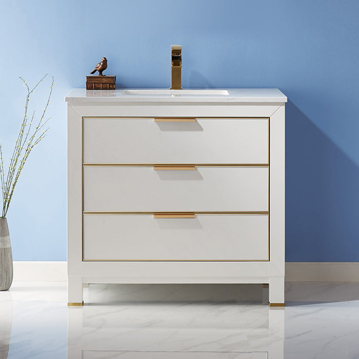 Jackson 36" Single Bathroom Vanity Set in White and Composite Carrara White Stone Countertop without Mirror