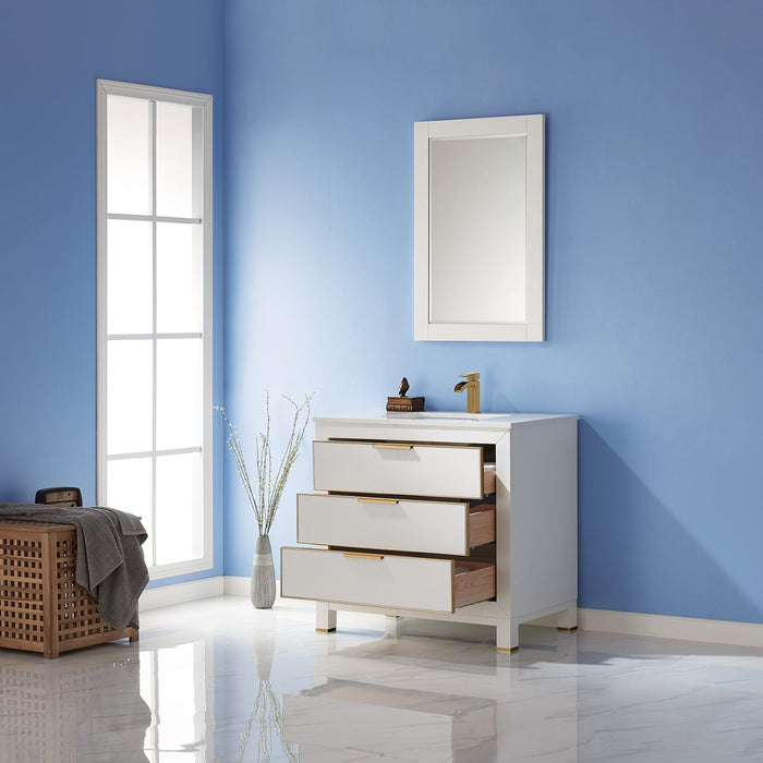 Jackson 36" Single Bathroom Vanity Set in White and Composite Carrara White Stone Countertop with Mirror