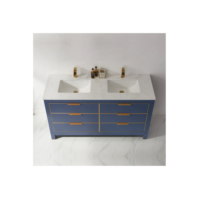 Jackson 60" Double Bathroom Vanity Set in Royal Blue and Composite Carrara White Stone Countertop without Mirror