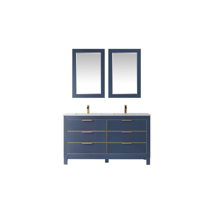 Jackson 60" Double Bathroom Vanity Set in Royal Blue and Composite Carrara White Stone Countertop with Mirror