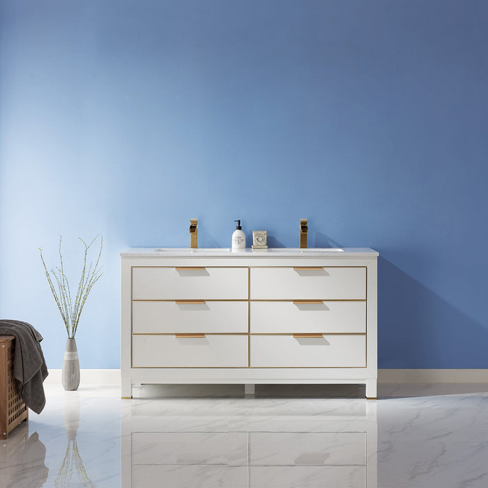 Jackson 60" Double Bathroom Vanity Set in White and Composite Carrara White Stone Countertop without Mirror