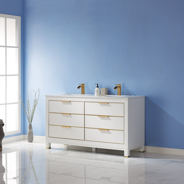 Jackson 60" Double Bathroom Vanity Set in White and Composite Carrara White Stone Countertop without Mirror