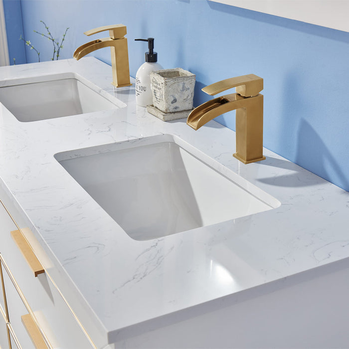 Jackson 60" Double Bathroom Vanity Set in White and Composite Carrara White Stone Countertop with Mirror
