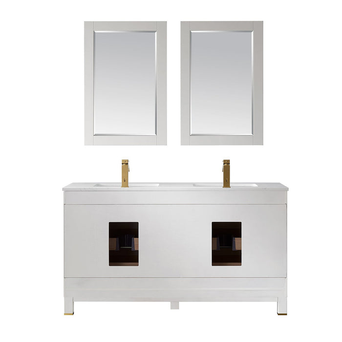 Jackson 60" Double Bathroom Vanity Set in White and Composite Carrara White Stone Countertop with Mirror