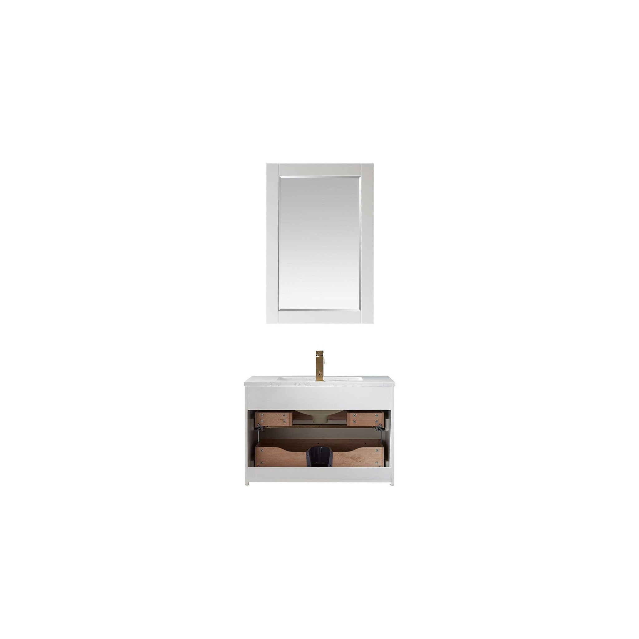 Morgan 30" Single Bathroom Vanity Set in White and Composite Carrara White Stone Countertop with Mirror