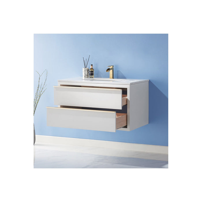Morgan 36" Single Bathroom Vanity Set in White and Composite Carrara White Stone Countertop without Mirror