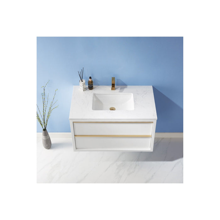 Morgan 36" Single Bathroom Vanity Set in White and Composite Carrara White Stone Countertop without Mirror
