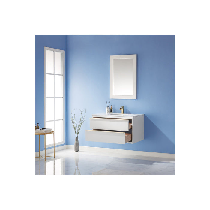 Morgan 36" Single Bathroom Vanity Set in White and Composite Carrara White Stone Countertop with Mirror