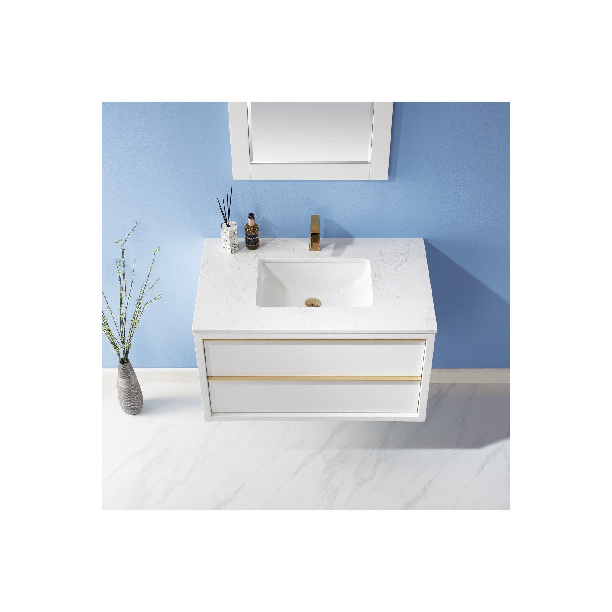 Morgan 36" Single Bathroom Vanity Set in White and Composite Carrara White Stone Countertop with Mirror
