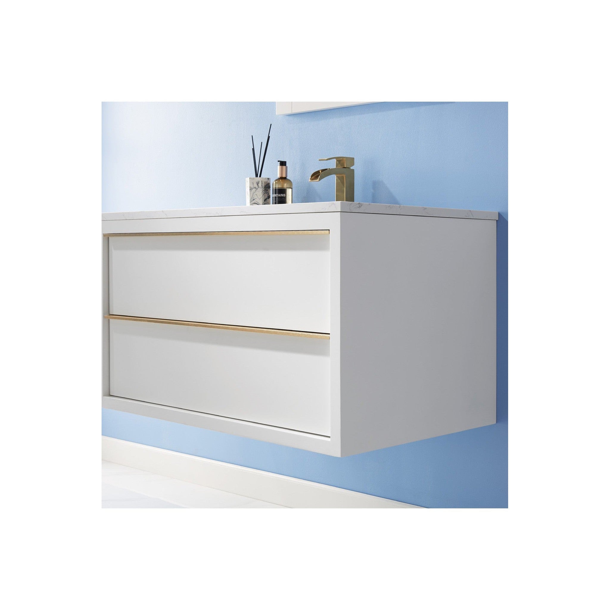 Morgan 36" Single Bathroom Vanity Set in White and Composite Carrara White Stone Countertop with Mirror