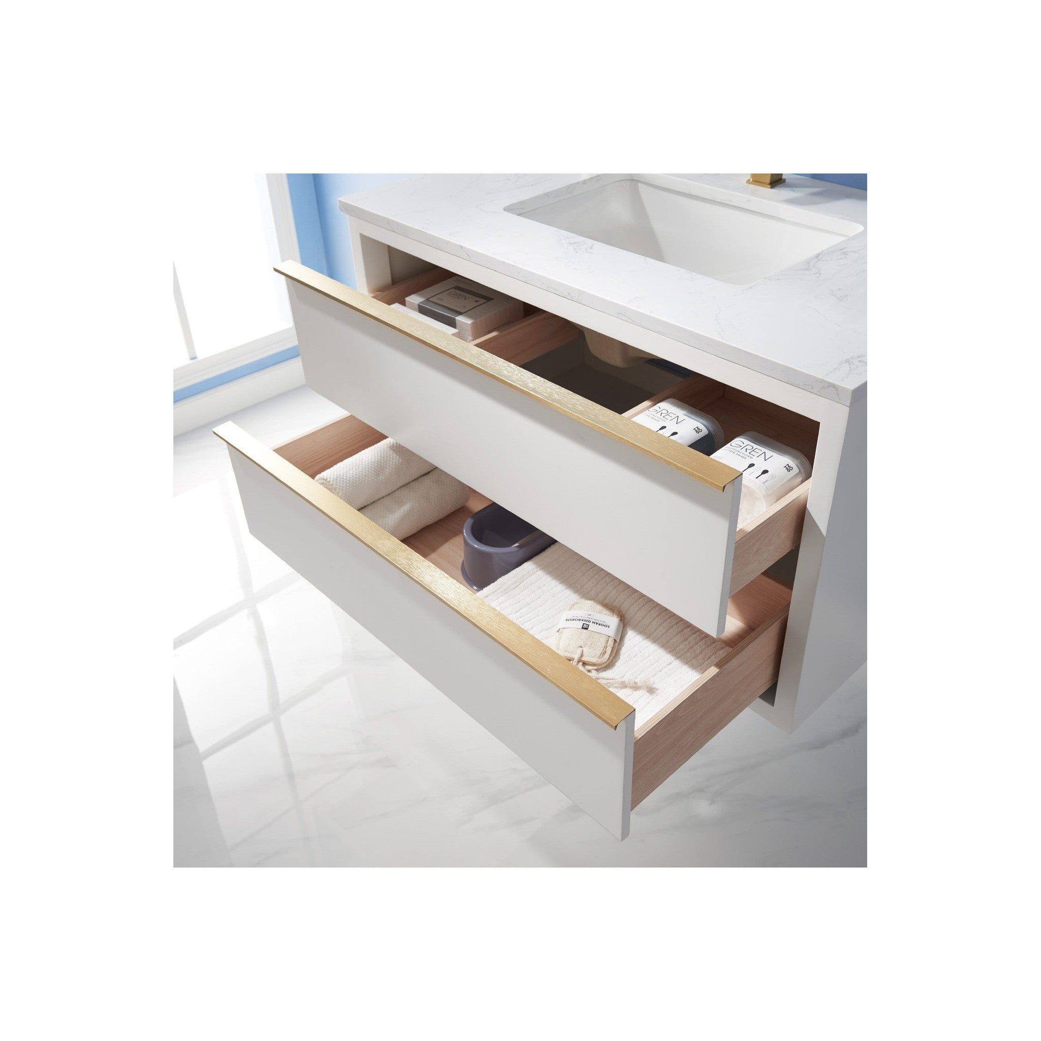 Morgan 36" Single Bathroom Vanity Set in White and Composite Carrara White Stone Countertop with Mirror