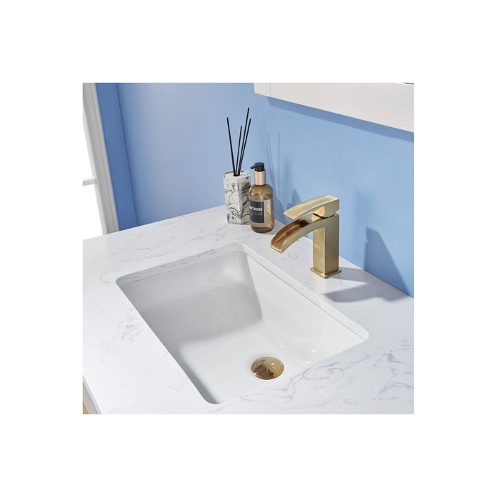 Morgan 36" Single Bathroom Vanity Set in White and Composite Carrara White Stone Countertop with Mirror