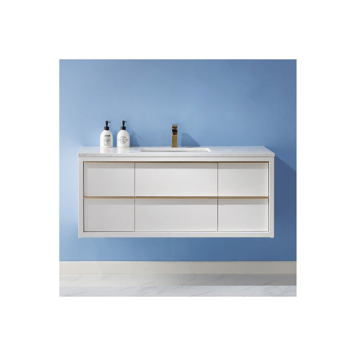 Morgan 48" Single Bathroom Vanity Set in White and Composite Carrara White Stone Countertop without Mirror