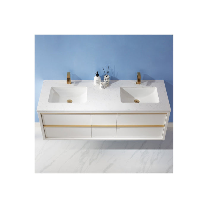 Morgan 60" Double Bathroom Vanity Set in White and Composite Carrara White Stone Countertop without Mirror
