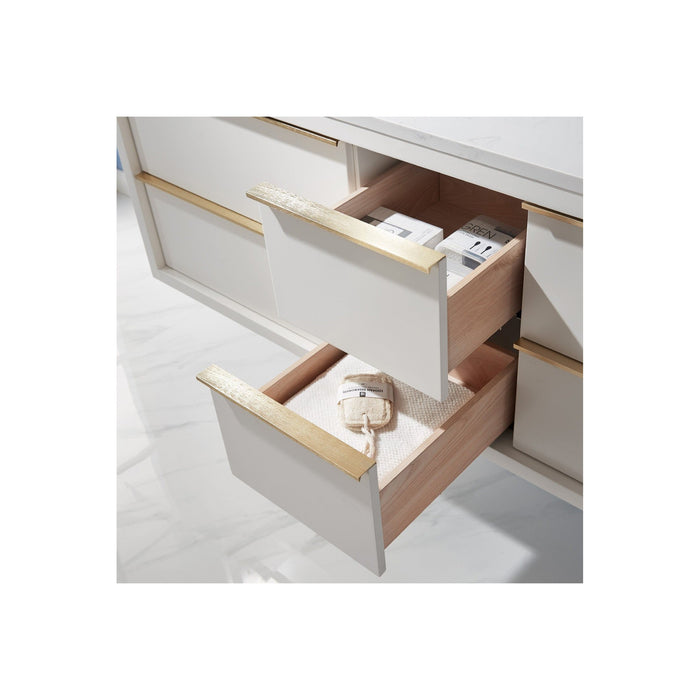 Morgan 60" Double Bathroom Vanity Set in White and Composite Carrara White Stone Countertop with Mirror
