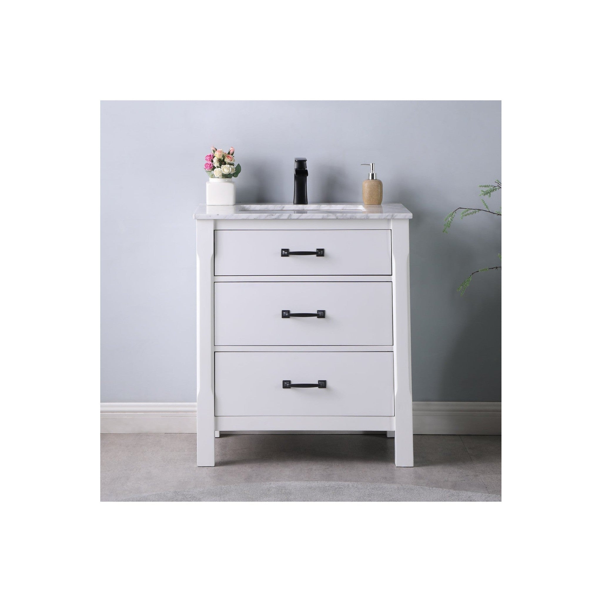 Maribella 30" Single Bathroom Vanity Set in White and Carrara White Marble Countertop without Mirror