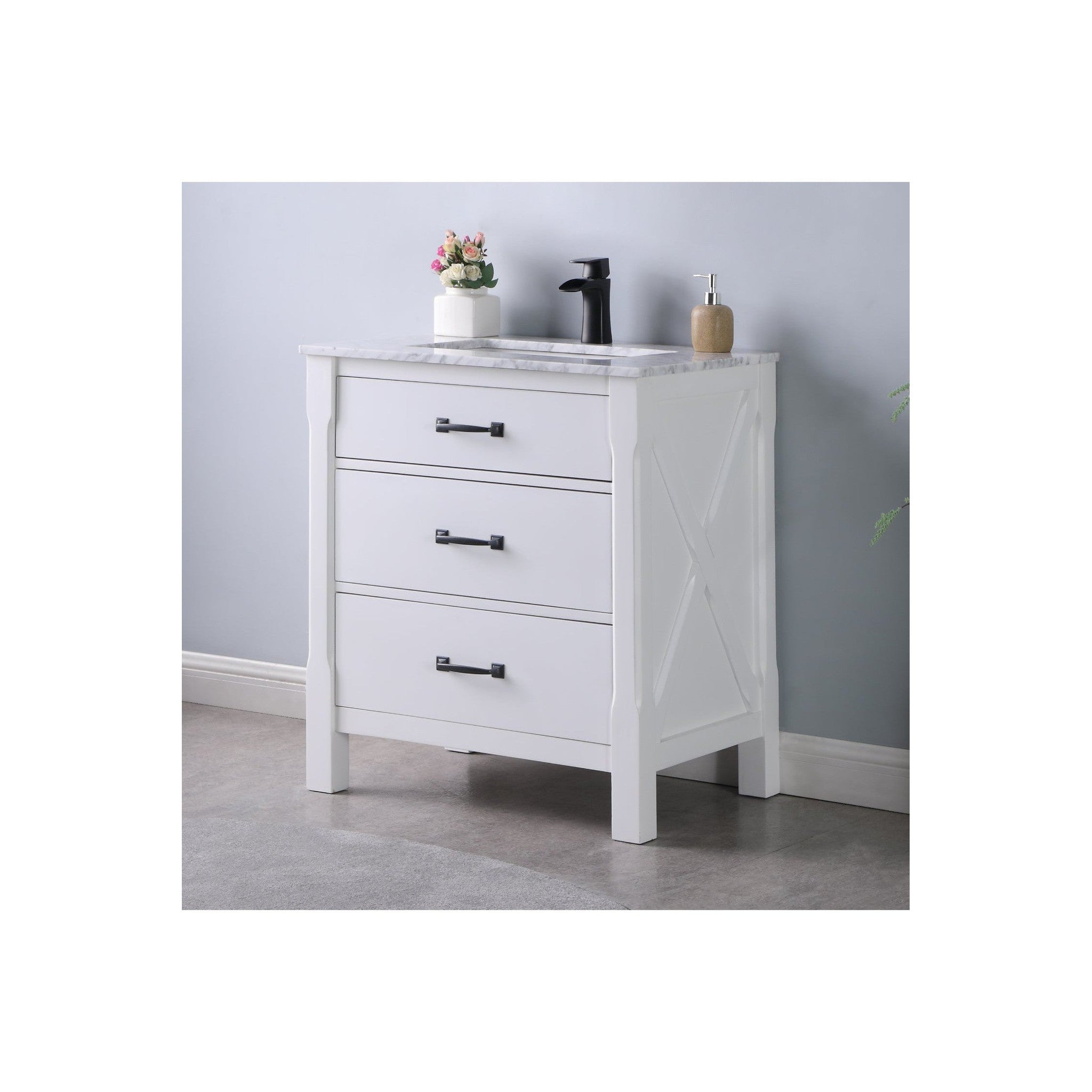 Maribella 30" Single Bathroom Vanity Set in White and Carrara White Marble Countertop without Mirror