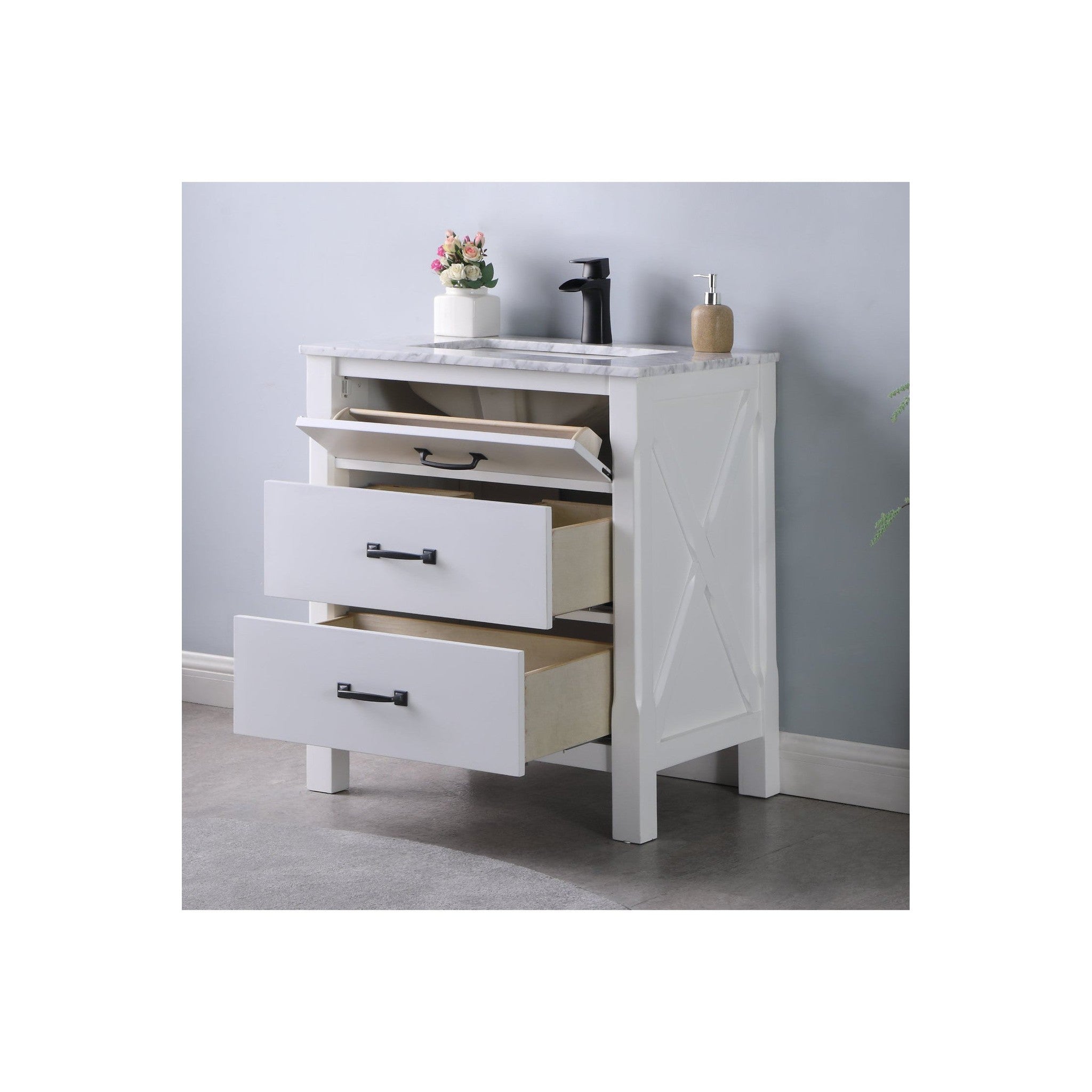 Maribella 30" Single Bathroom Vanity Set in White and Carrara White Marble Countertop without Mirror