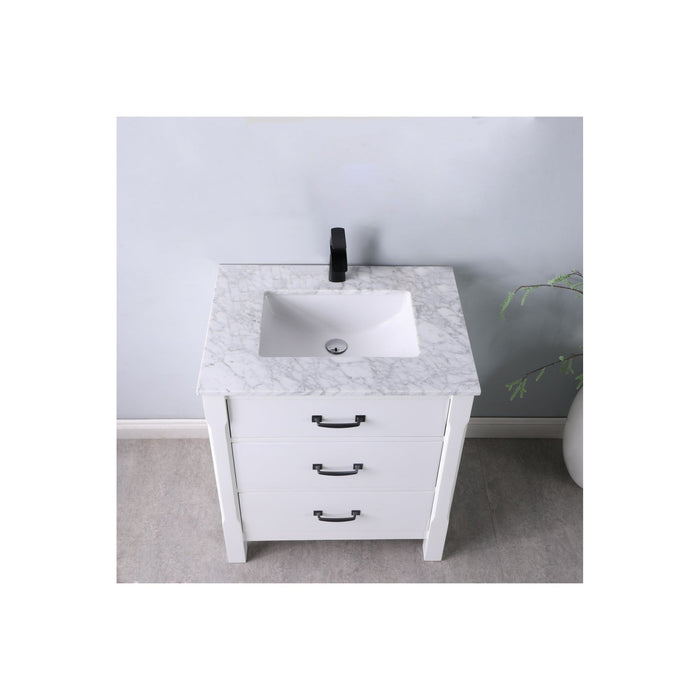 Maribella 30" Single Bathroom Vanity Set in White and Carrara White Marble Countertop without Mirror