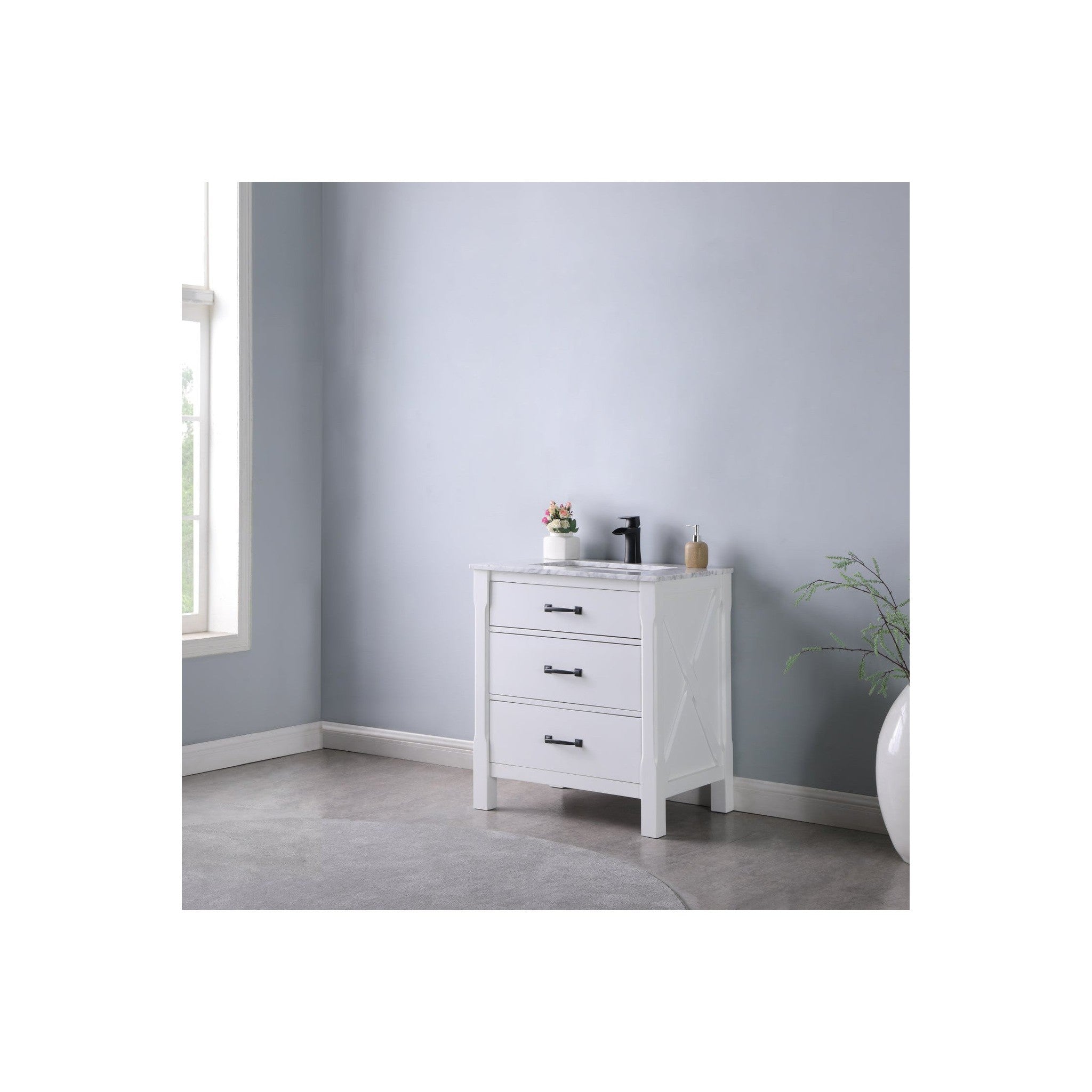 Maribella 30" Single Bathroom Vanity Set in White and Carrara White Marble Countertop without Mirror