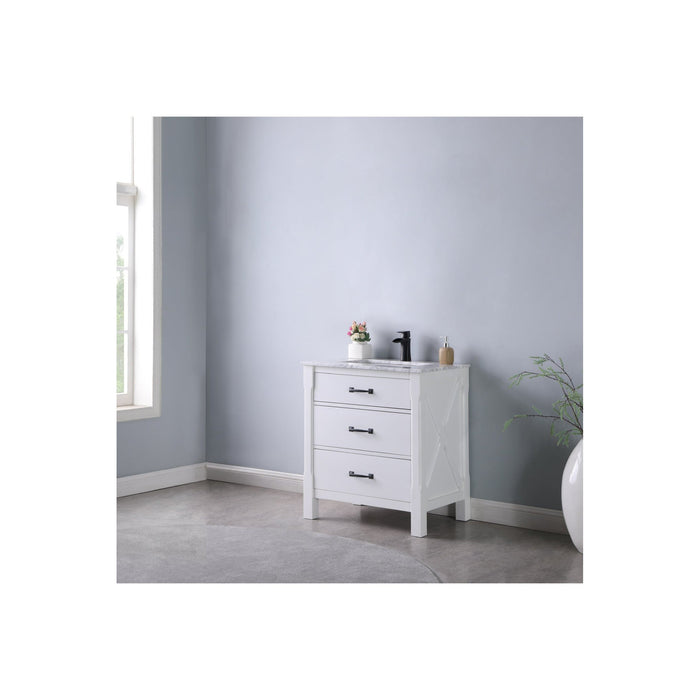 Maribella 30" Single Bathroom Vanity Set in White and Carrara White Marble Countertop without Mirror