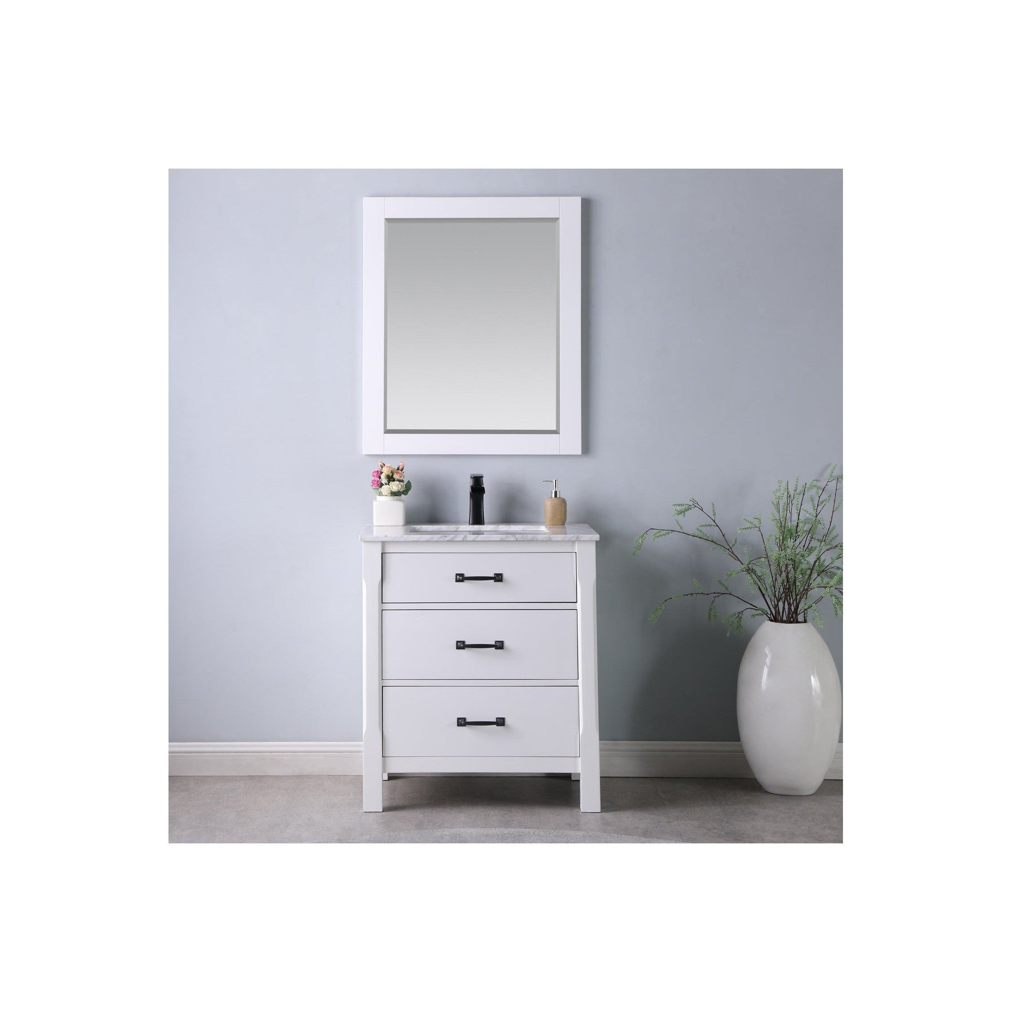 Maribella 30" Single Bathroom Vanity Set in White and Carrara White Marble Countertop with Mirror