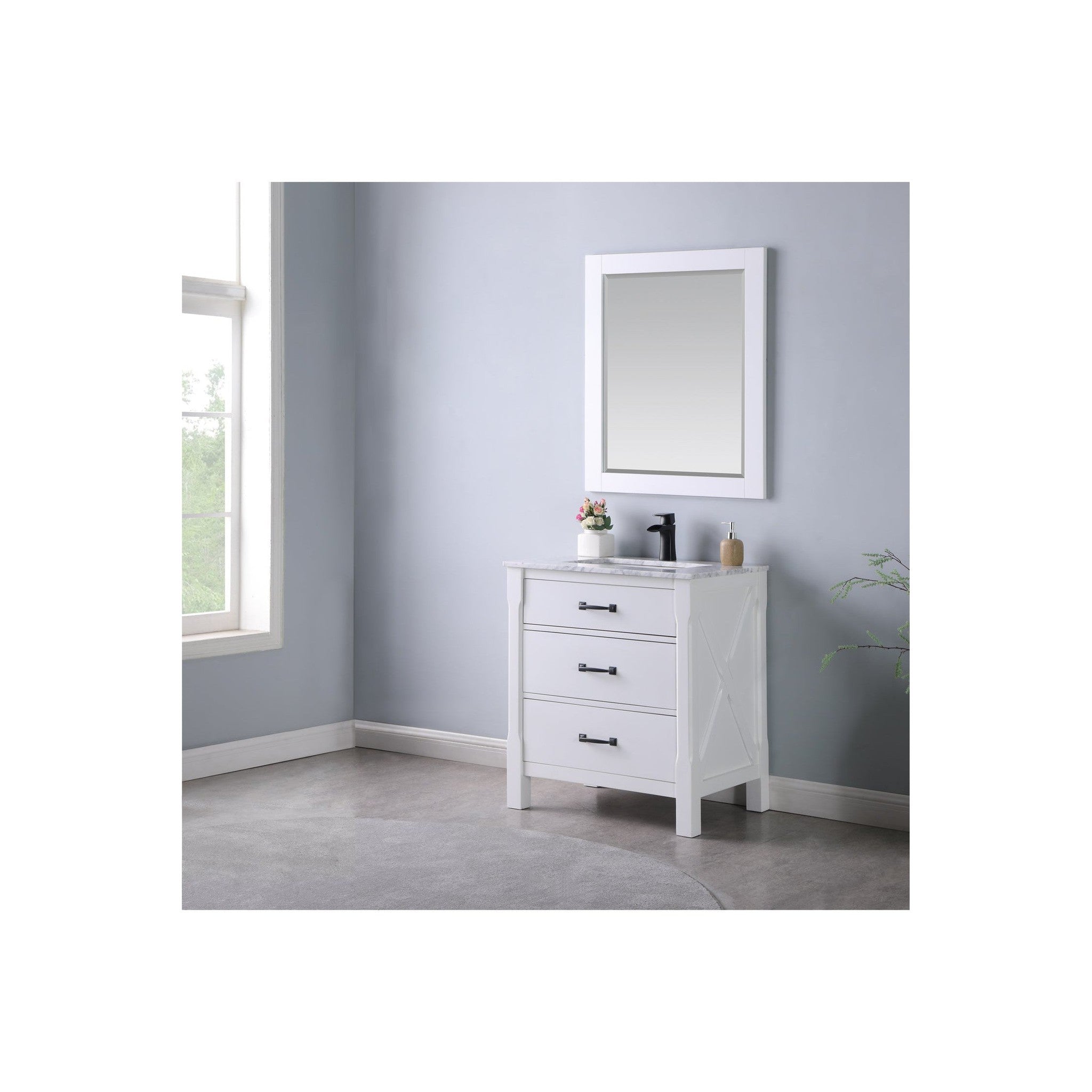 Maribella 30" Single Bathroom Vanity Set in White and Carrara White Marble Countertop with Mirror