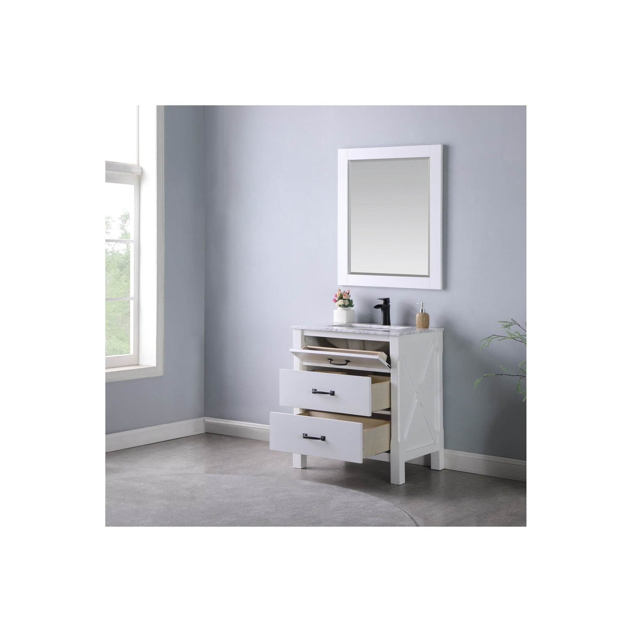 Maribella 30" Single Bathroom Vanity Set in White and Carrara White Marble Countertop with Mirror