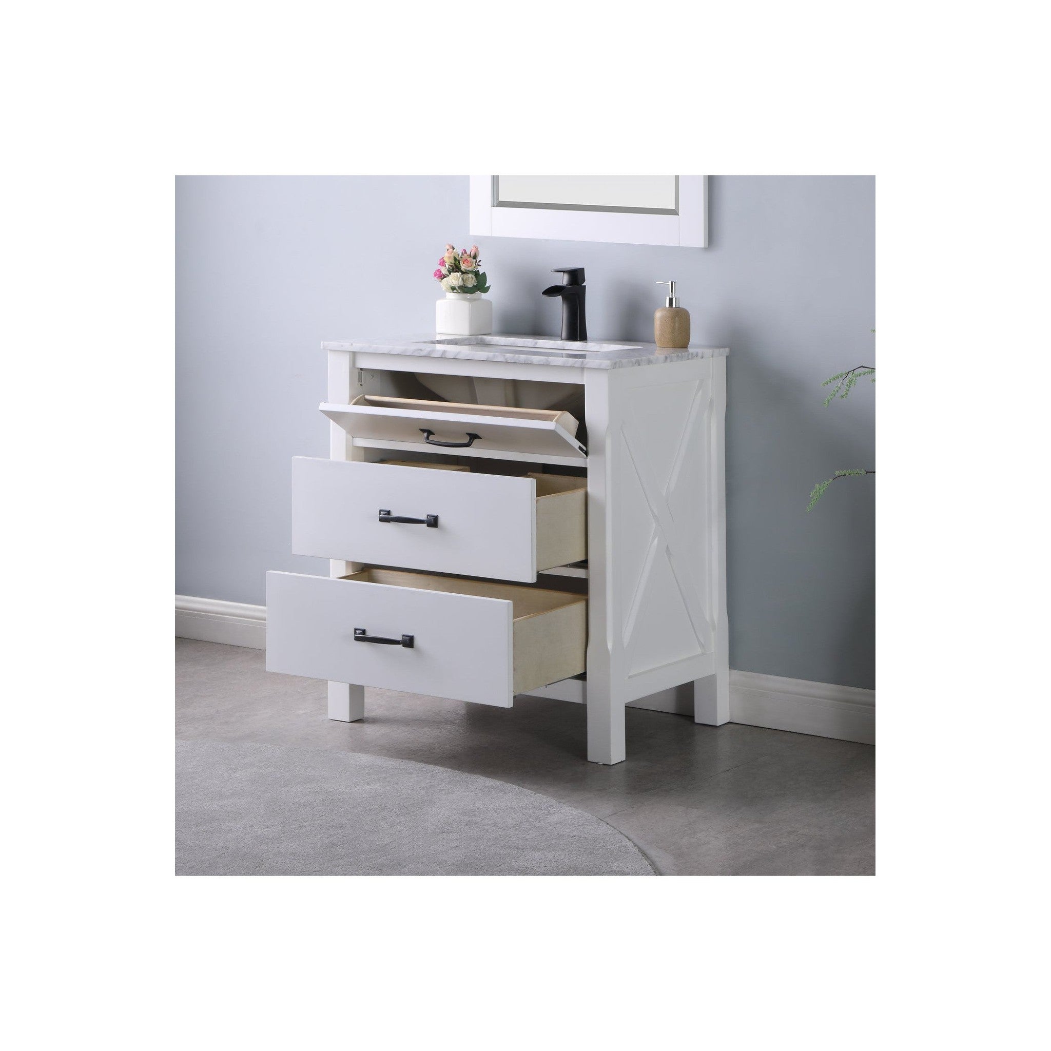 Maribella 30" Single Bathroom Vanity Set in White and Carrara White Marble Countertop with Mirror