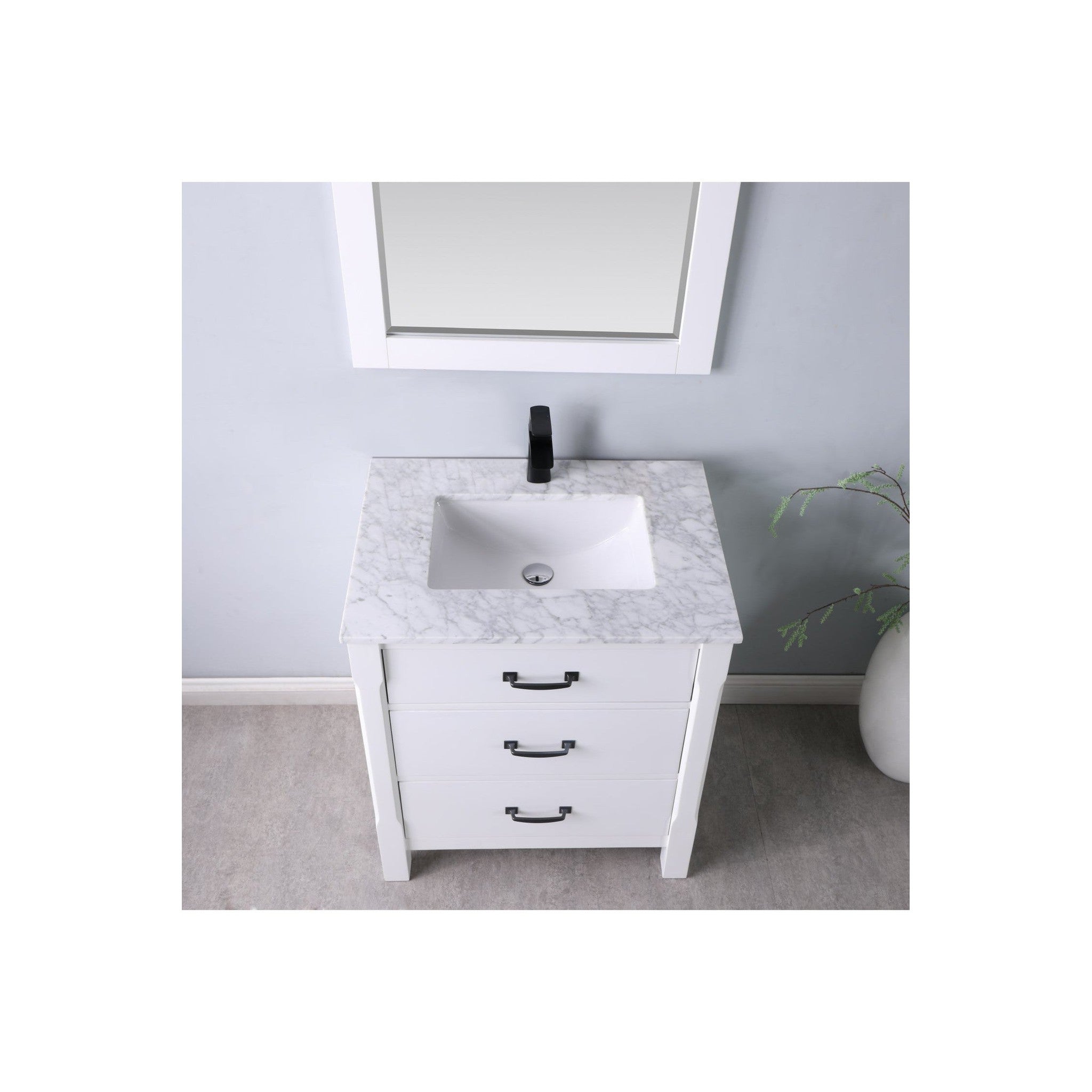 Maribella 30" Single Bathroom Vanity Set in White and Carrara White Marble Countertop with Mirror