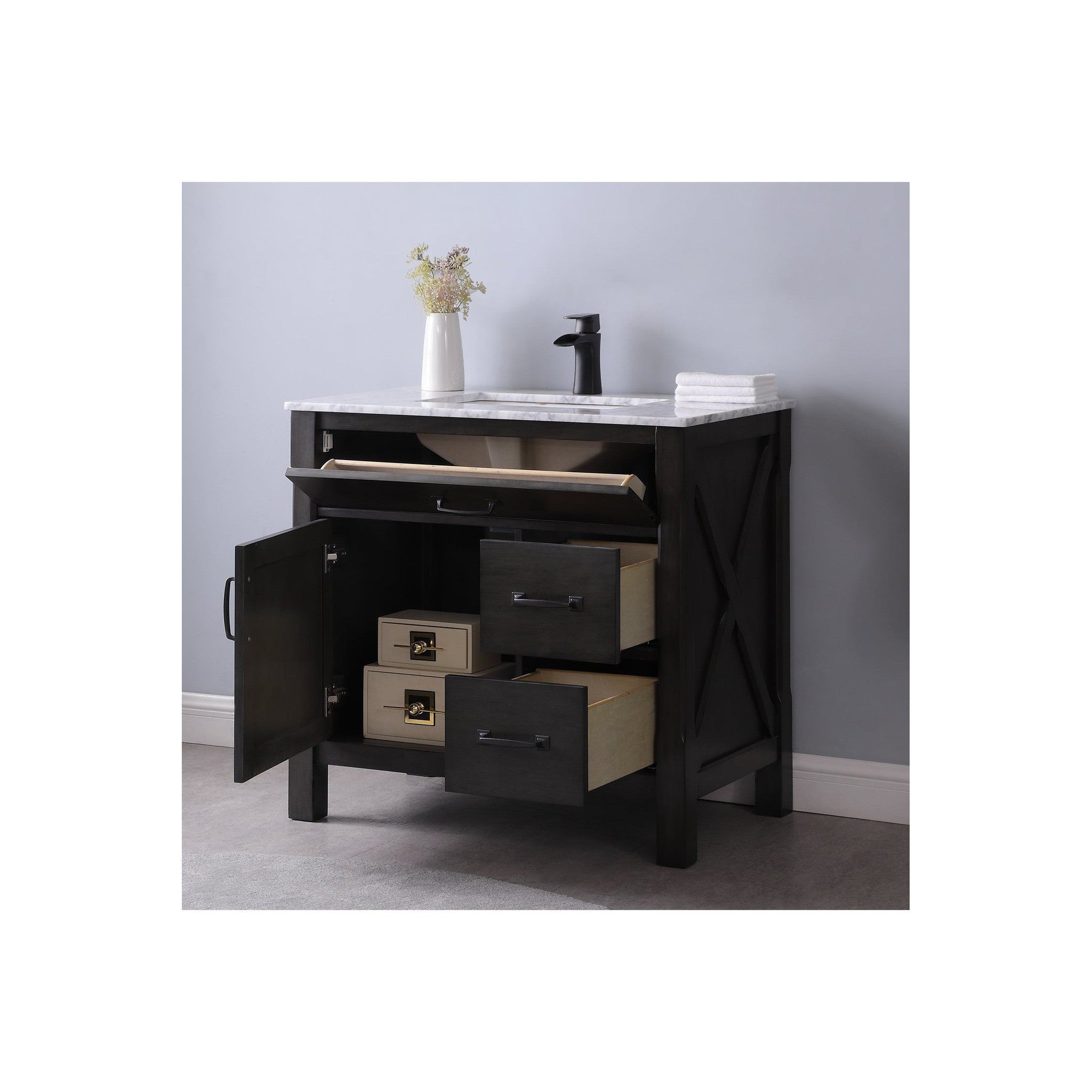 Maribella 36" Single Bathroom Vanity Set in Rust Black and Carrara White Marble Countertop without Mirror