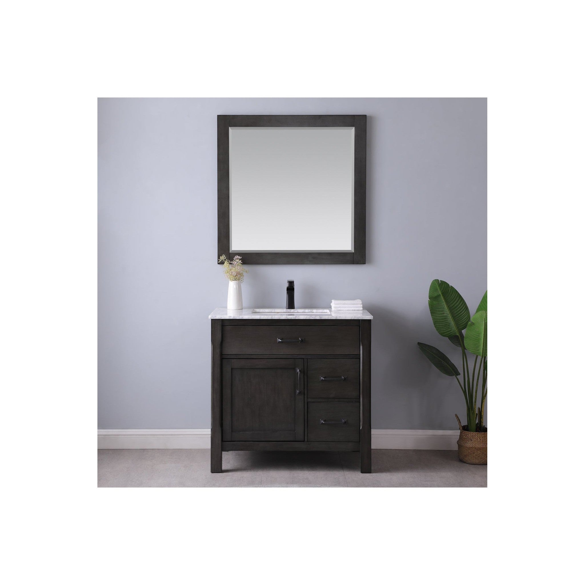 Maribella 36" Single Bathroom Vanity Set in Rust Black and Carrara White Marble Countertop with Mirror