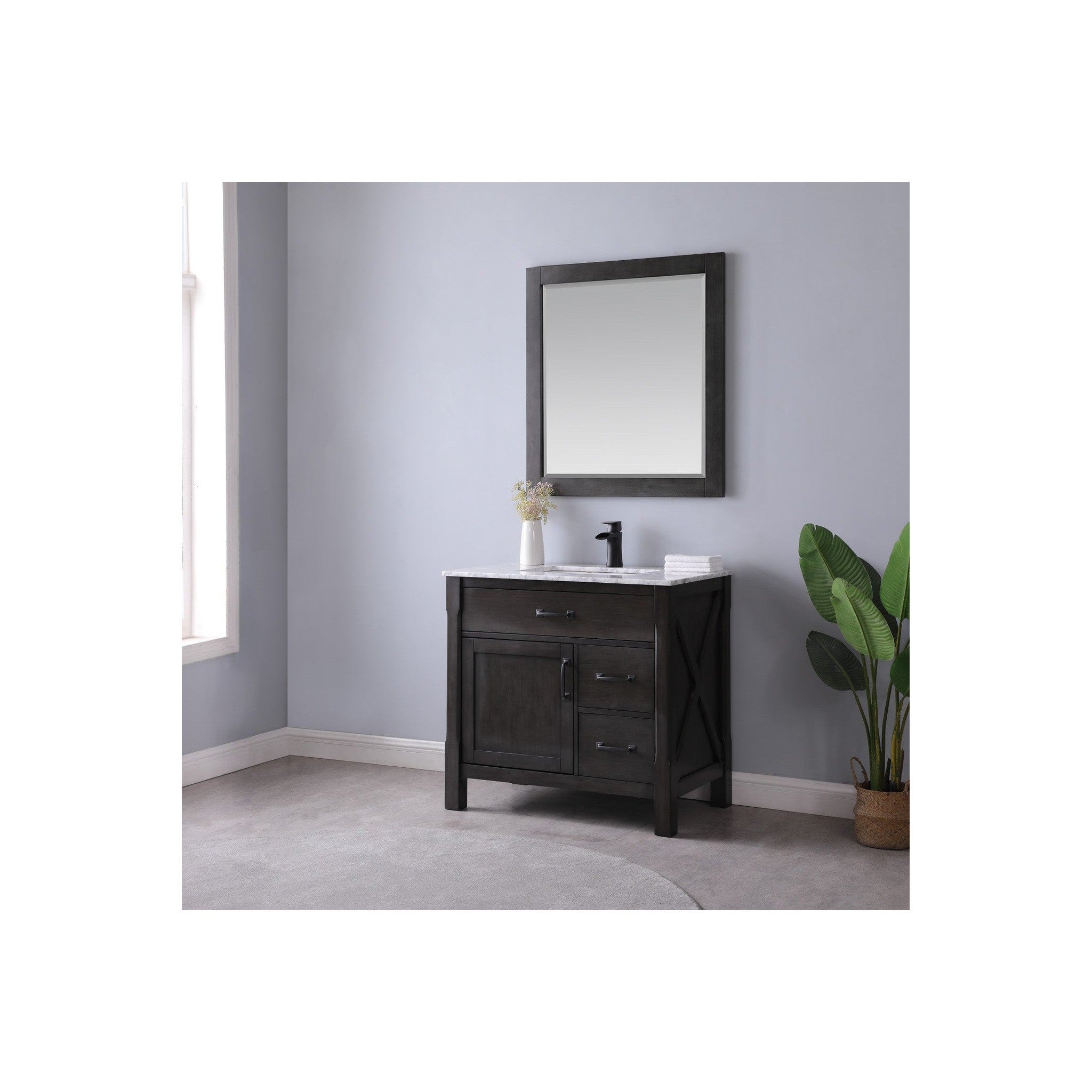 Maribella 36" Single Bathroom Vanity Set in Rust Black and Carrara White Marble Countertop with Mirror