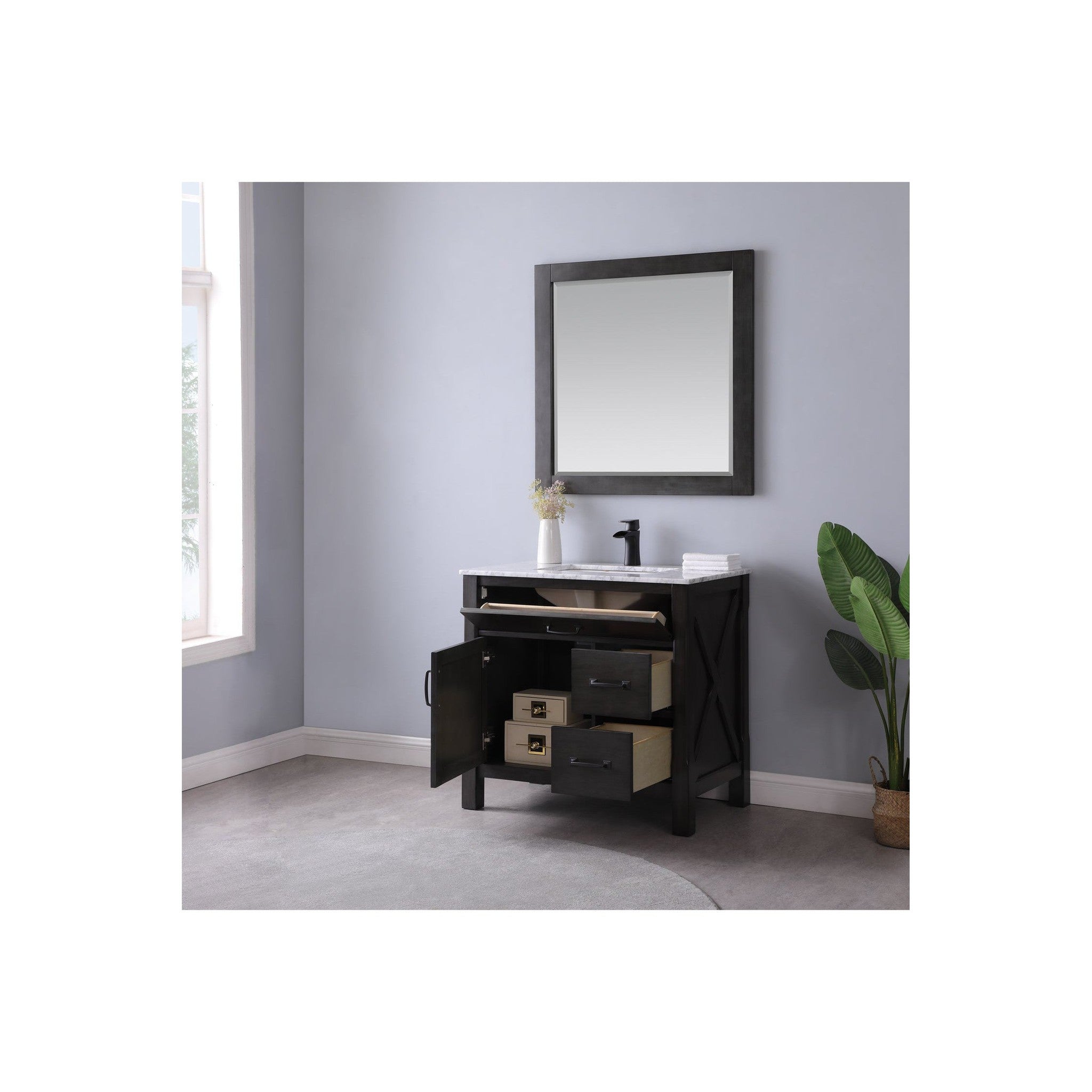 Maribella 36" Single Bathroom Vanity Set in Rust Black and Carrara White Marble Countertop with Mirror