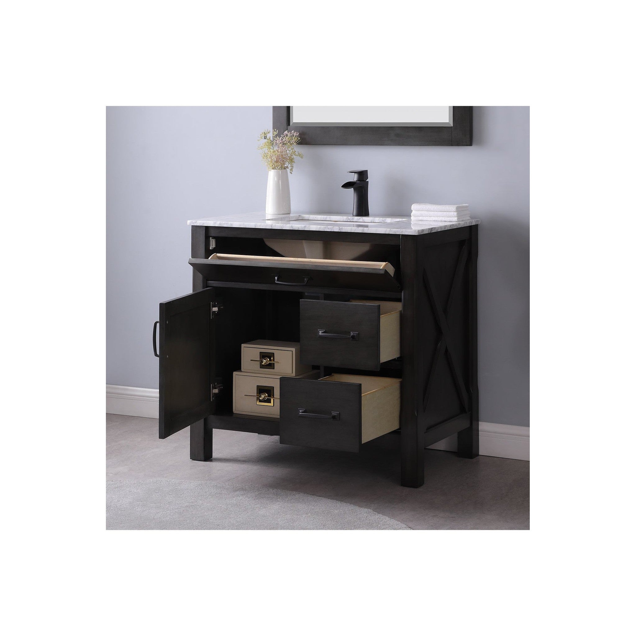 Maribella 36" Single Bathroom Vanity Set in Rust Black and Carrara White Marble Countertop with Mirror