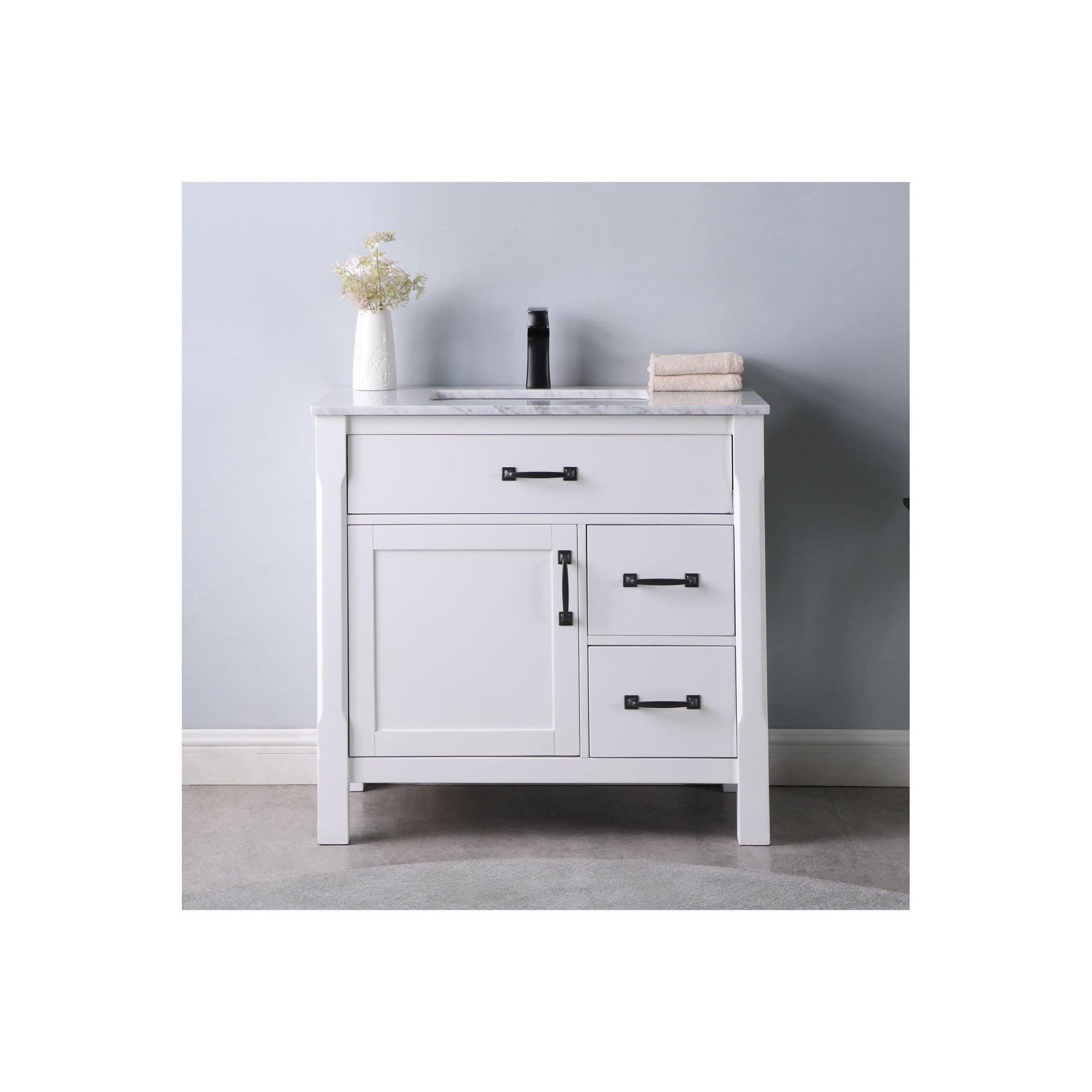 Maribella 36" Single Bathroom Vanity Set in White and Carrara White Marble Countertop without Mirror