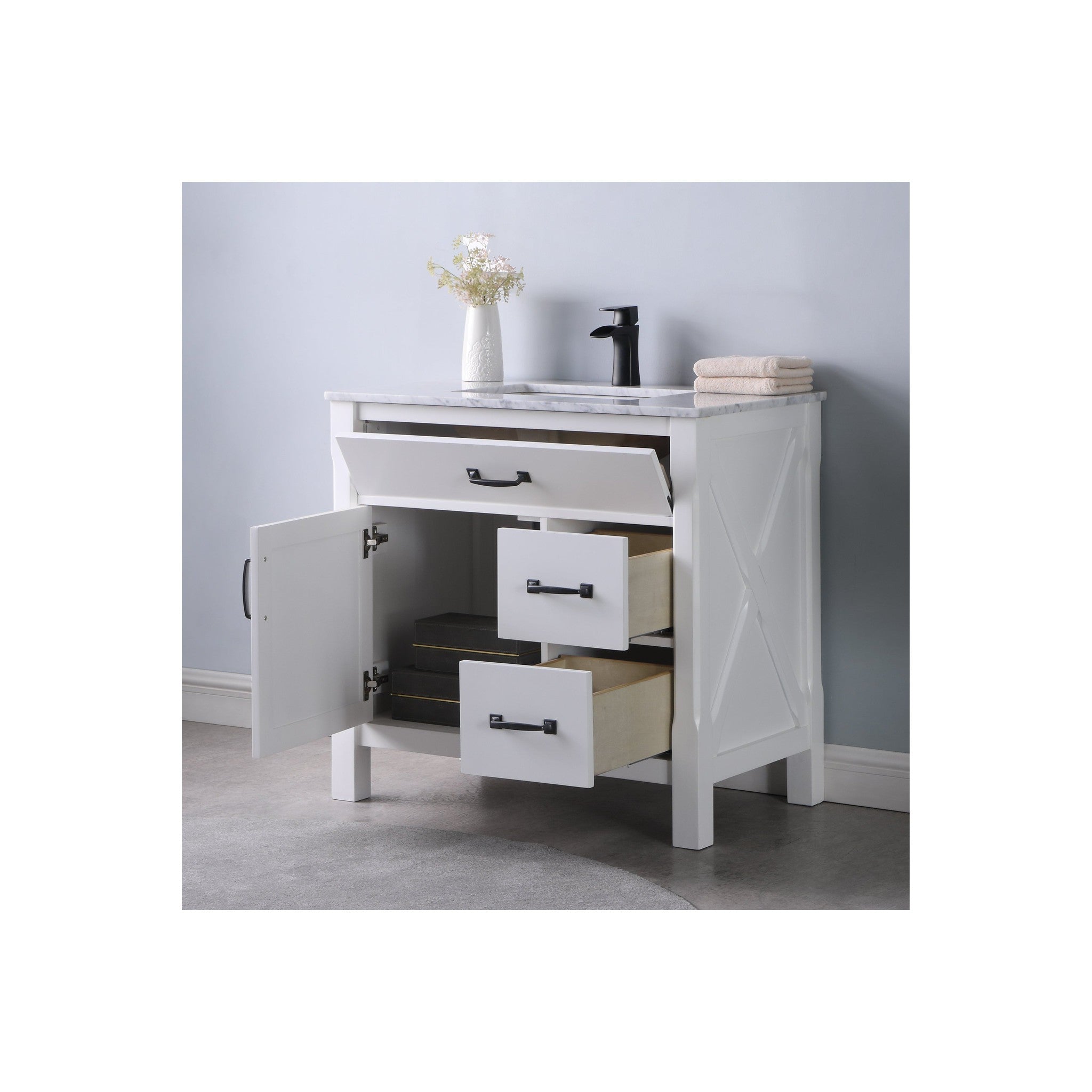 Maribella 36" Single Bathroom Vanity Set in White and Carrara White Marble Countertop without Mirror