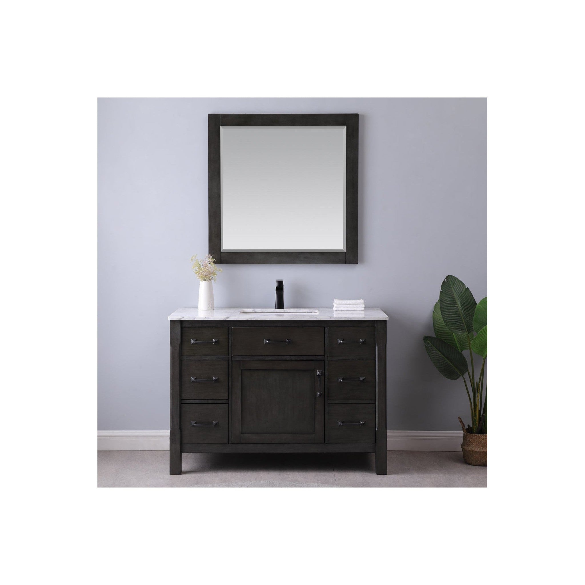 Maribella 48" Single Bathroom Vanity Set in Rust Black and Carrara White Marble Countertop with Mirror