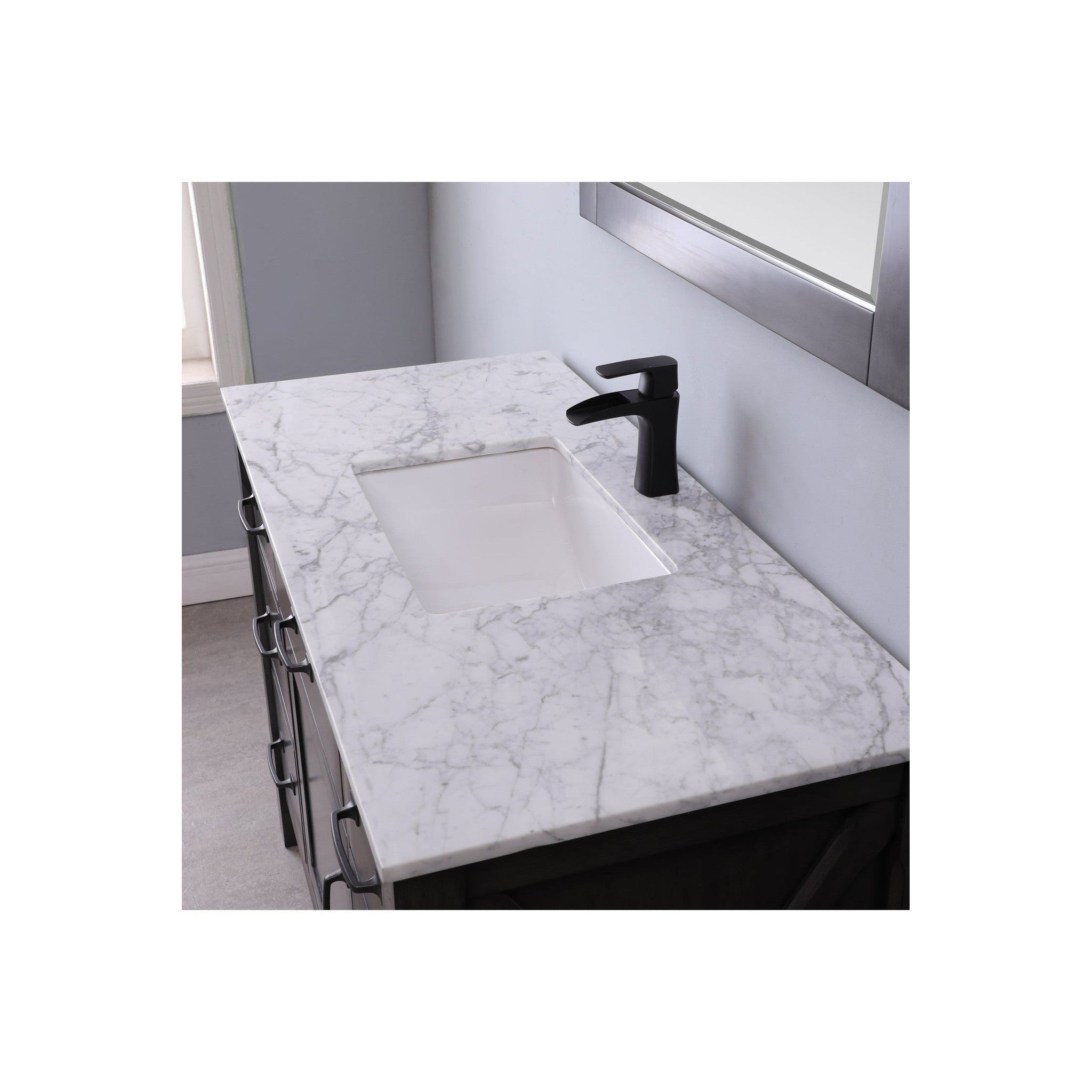 Maribella 48" Single Bathroom Vanity Set in Rust Black and Carrara White Marble Countertop with Mirror