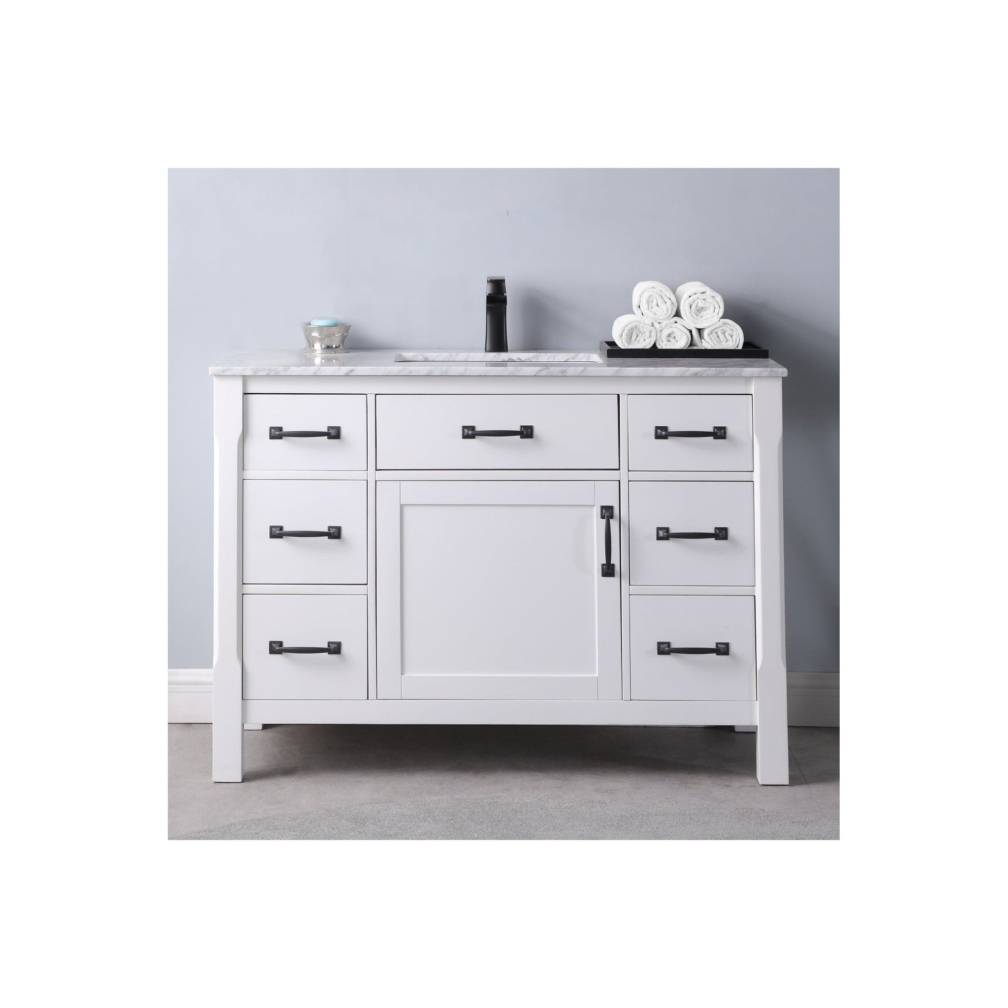 Maribella 48" Single Bathroom Vanity Set in White and Carrara White Marble Countertop without Mirror