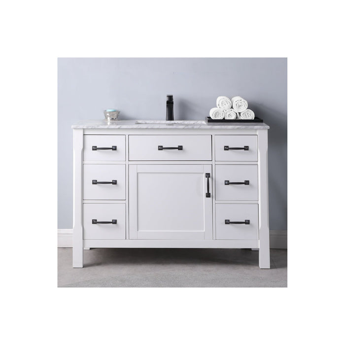 Maribella 48" Single Bathroom Vanity Set in White and Carrara White Marble Countertop without Mirror