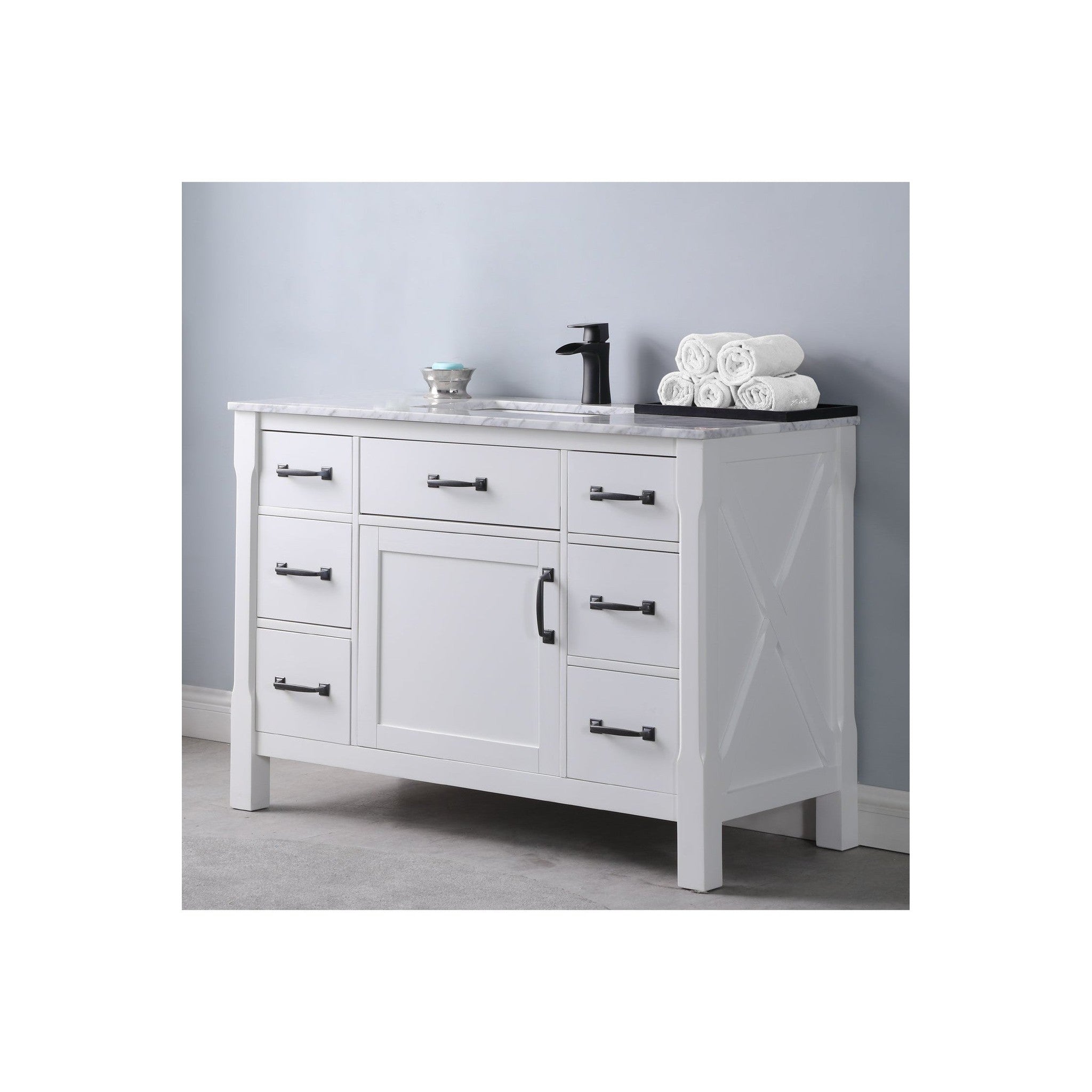 Maribella 48" Single Bathroom Vanity Set in White and Carrara White Marble Countertop without Mirror