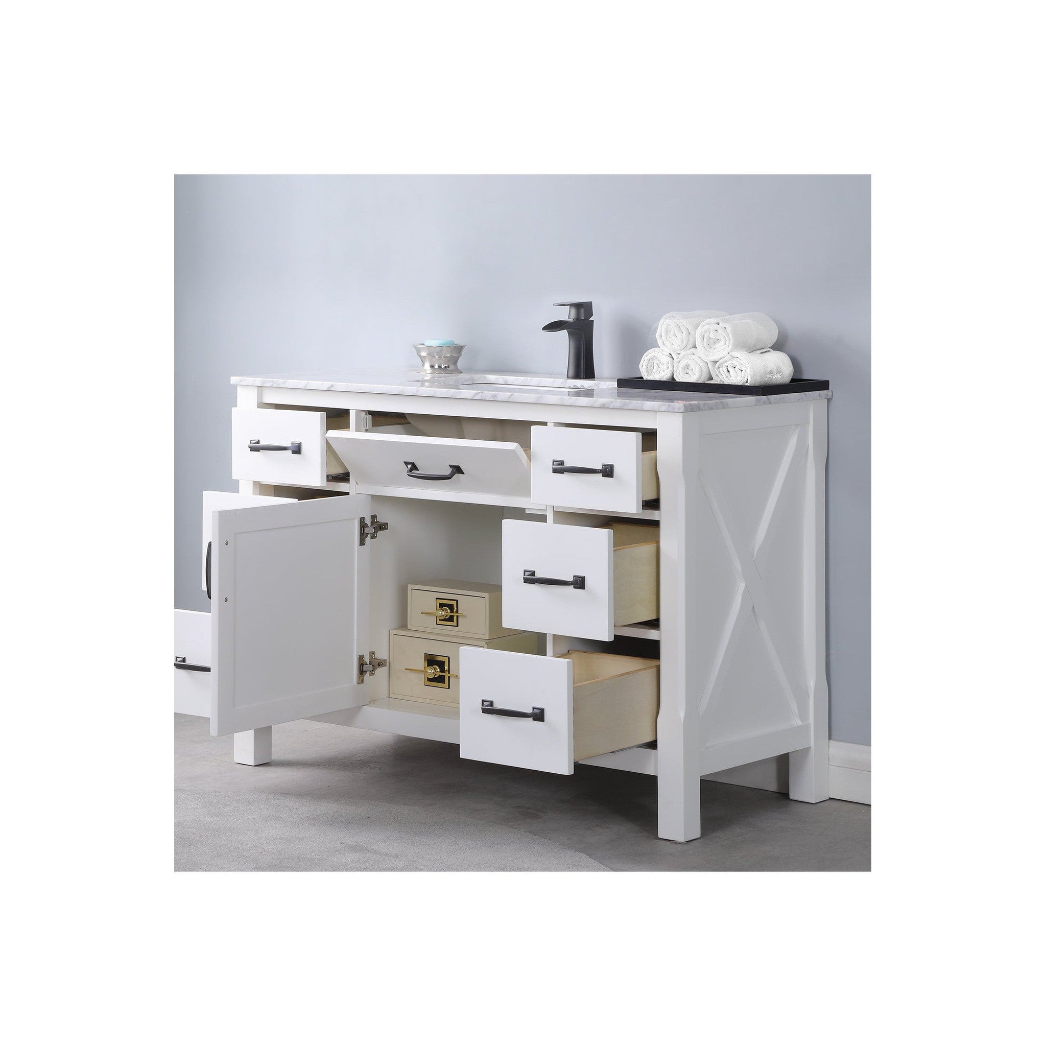Maribella 48" Single Bathroom Vanity Set in White and Carrara White Marble Countertop without Mirror