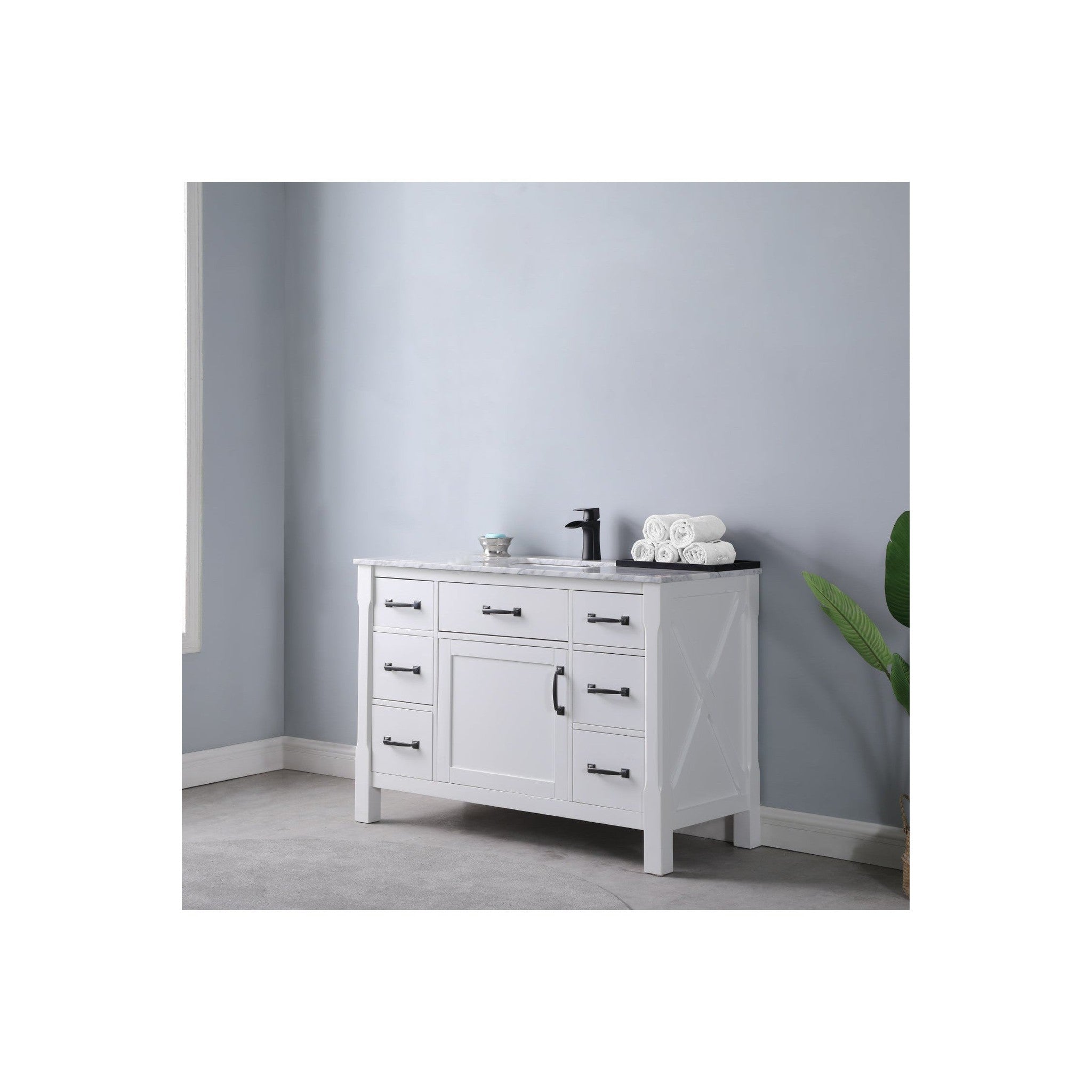 Maribella 48" Single Bathroom Vanity Set in White and Carrara White Marble Countertop without Mirror