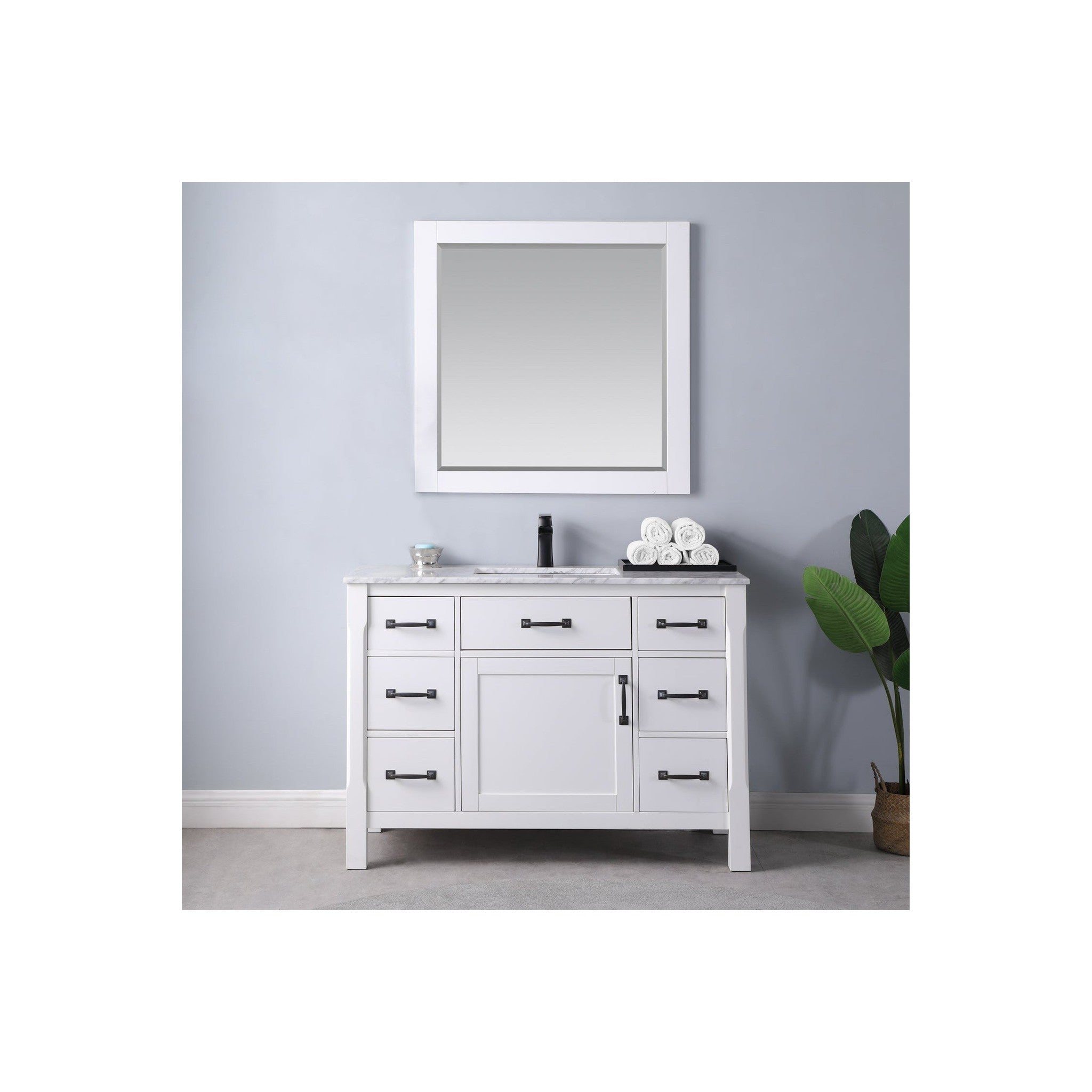 Maribella 48" Single Bathroom Vanity Set in White and Carrara White Marble Countertop with Mirror