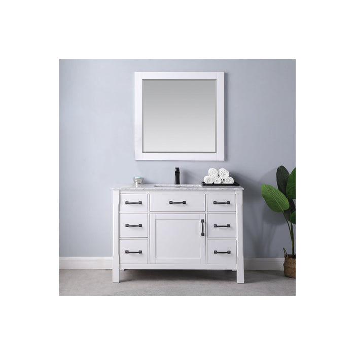 Maribella 48" Single Bathroom Vanity Set in White and Carrara White Marble Countertop with Mirror